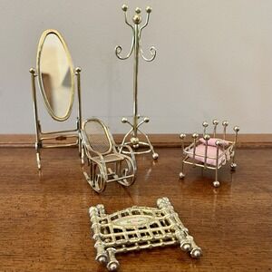 Vintage Brass Dollhouse Miniature Furniture Lot~5PC